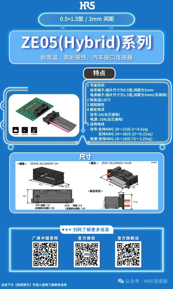 【產(chǎn)品推薦】耐高溫、高耐振性、汽車接口、電源信號(hào)混合型連接器ZE05系列